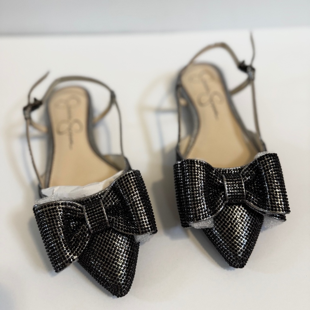 NEW Jessica Simpson Cawny Slingback Bow Flats Black metallic dress shoes